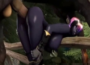 3D animated ebony slut is totally fucked by a large animal
